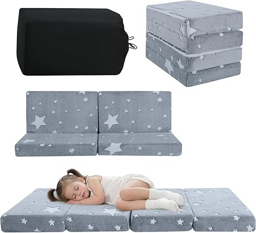 Miniatura 14 de MeMoreCool Colchón de suelo plegable para niños, colchón de siesta brillante para dormir y guardería, futón plegable portátil de tres pliegues, Gris