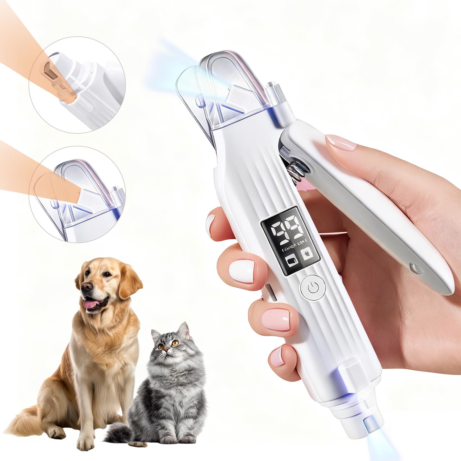 Cortadora de uñas 2 en 1 para perros y amoladora de uñas para perros con 2 luces LED, funcionamiento de bajo ruido, recargable por USB, dispositivo de protección contra salpicaduras, múltiples métodos