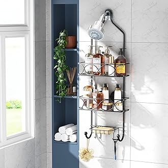 LEVERLOC Shower Caddy Over Shower Head Anti-Swing with Strong Suction Cup, Shower Organizer Hanging Rustproof with Hooks for Razor Towel and Sponge, Shower Shelf for Bathroom, Metal Black