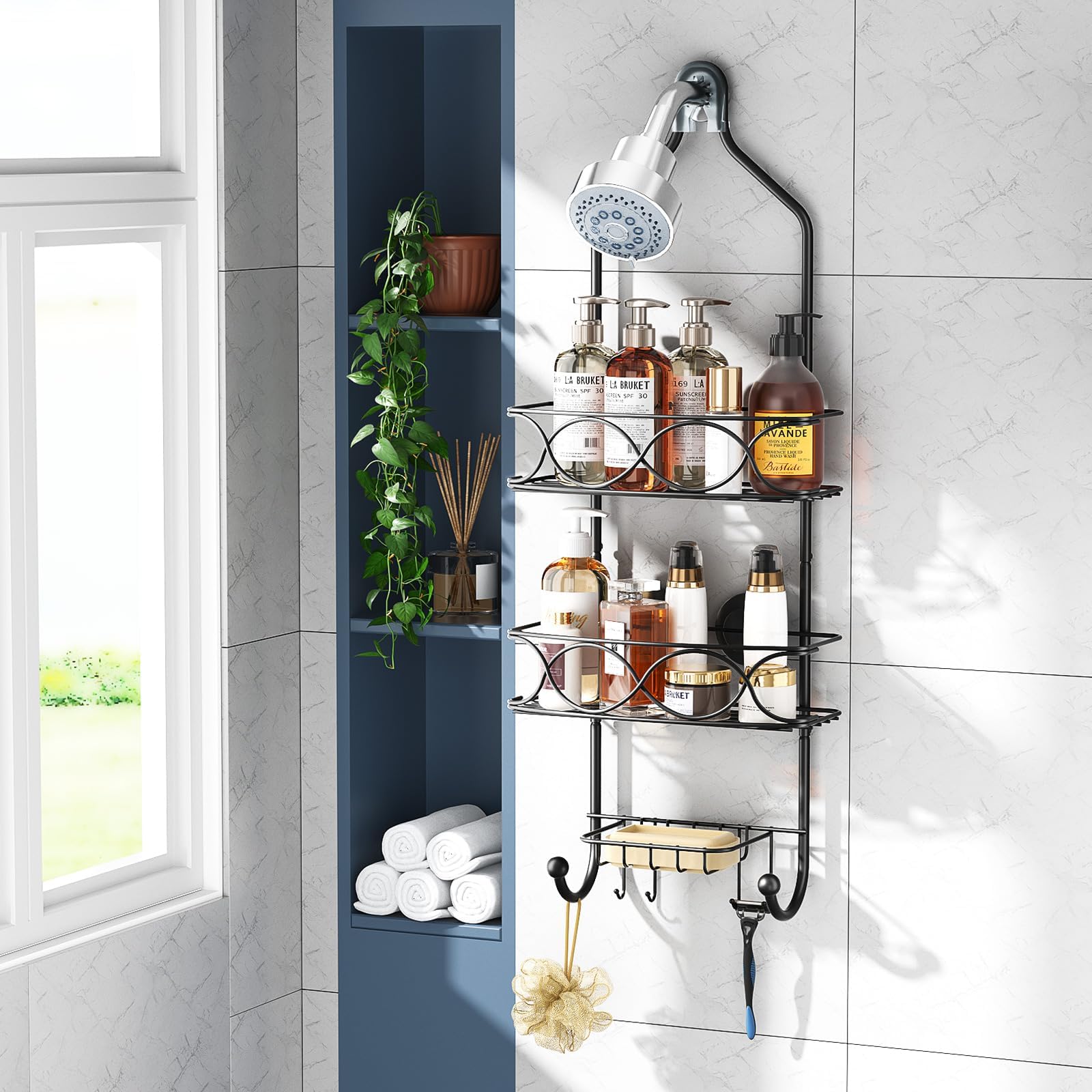 LEVERLOC Shower Caddy Over Shower Head Anti-Swing with Strong Suction Cup, Bathroom Organizer Hanging Rustproof with Hooks for Razor Towel and Sponge, Shelf for Bathroom, Metal Black