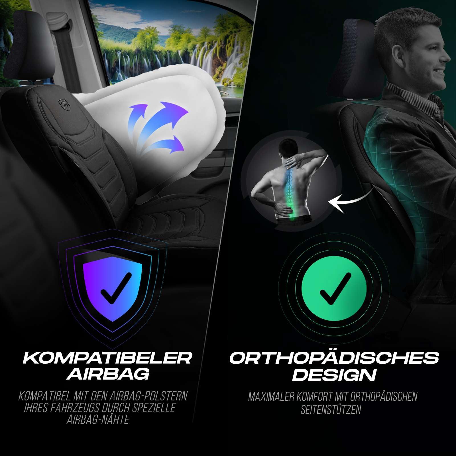 Autositzbezüge Universal für PKW & SUV – Premium Vordersitze Auto Sitzbezug aus Lacoste-Stoff, Schwarz, Airbag-Kompatibel Sitzauflage, Autoschonbezug, Vordersitz-Set inkl. Montageset