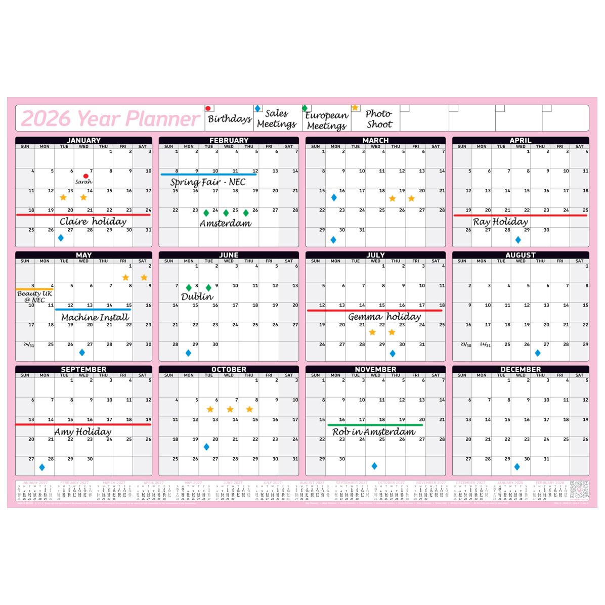PlannerHead 2026 Grid Style Unmounted & Unlaminated Wall Planner Calendar Chart Poster 12 Months/Yearly Calendar 2026/2027 Footnote/Flexible for Any Country/Baby Pink Gigantic (90x135cm)