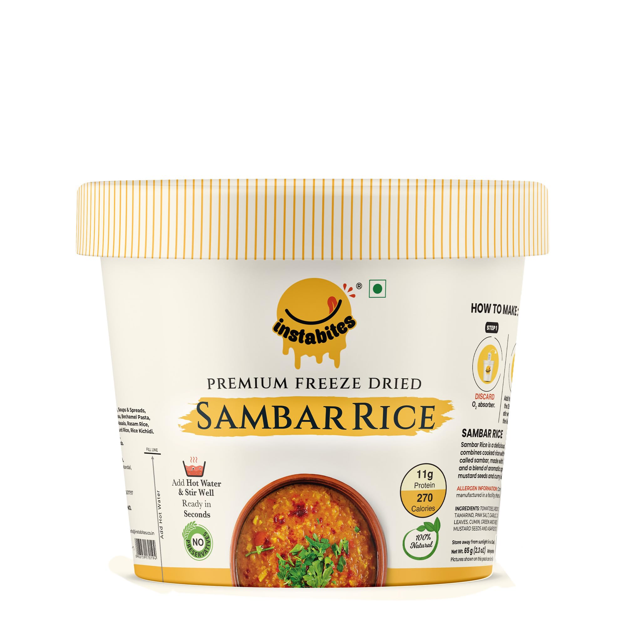 Instabites Ready to Eat Sambar Rice Cup 65g, No Added Preservatives and Ready to Eat in Minutes - Pack of 1 (B0D3C973BM) Amazon Price History, Amazon Price Tracker