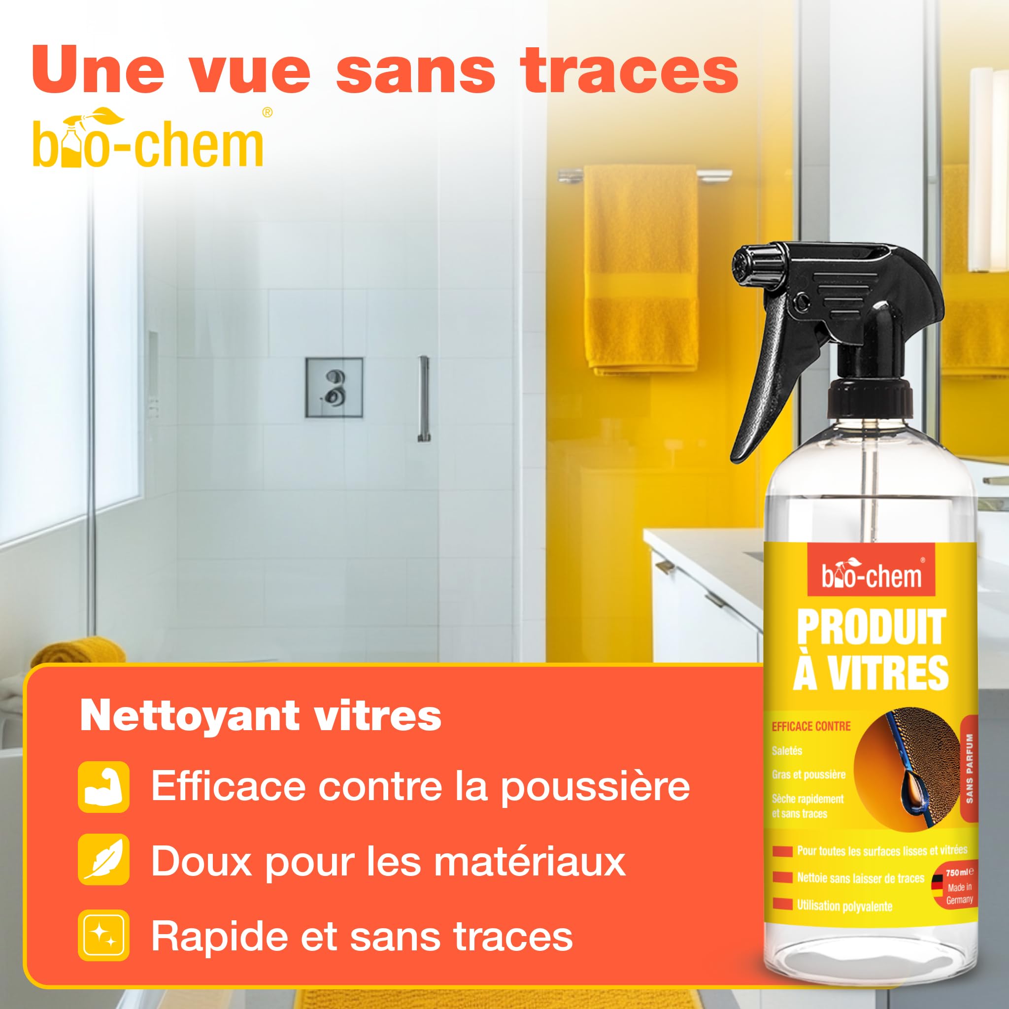 bio-chem Set de 9 nettoyants pour salle de bain, douches, WC | Déboucheur canalisation 1L - Décapant urine et calcaire 1L - Produit surfaces salle de bain 750ml + accessoires