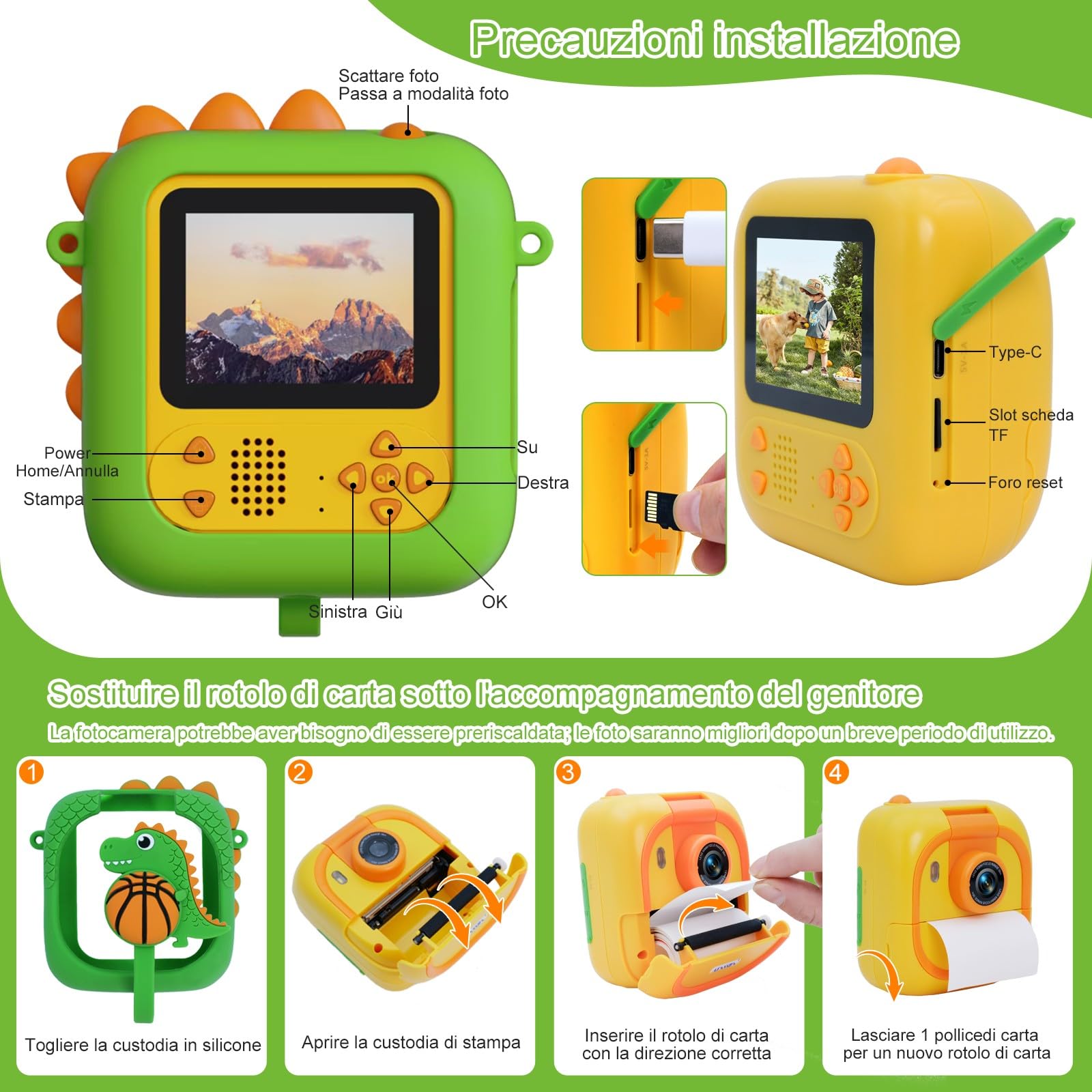 Macchina Fotografica Bambini Istantanea con obiettivo 180°Flip, ARNSSIEN 2,4" Fotocamera Istantanea per Bambini 1080P con 3 Rotoli di Carta da Stampa, Regalo per Bambino per Ragazze Ragazzi da 3-12,M2