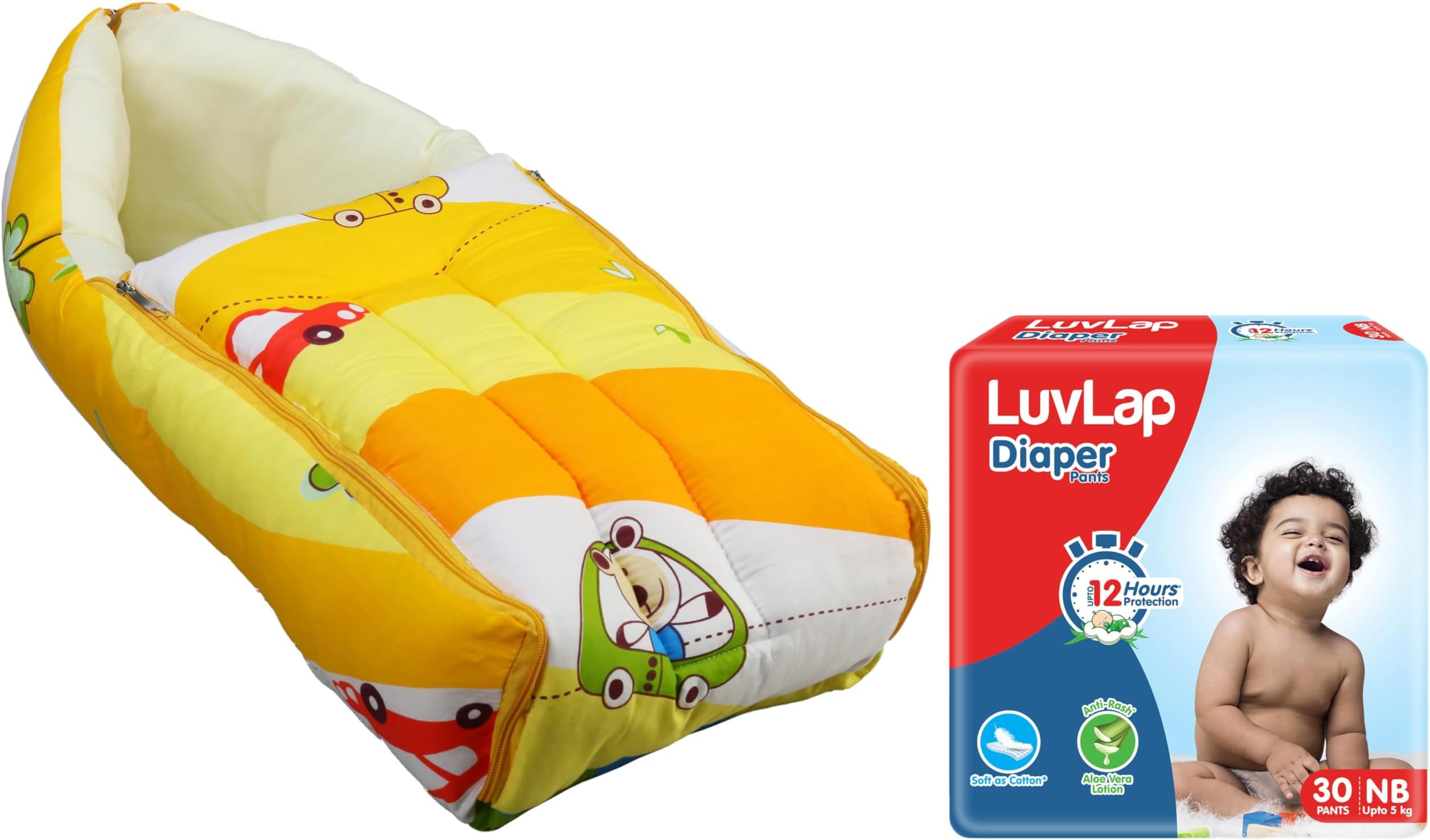 Luv Lap 3 in 1 Baby Bed, Sleeping Bag & Carry Nest, 0M+ (Cars Print, Multicolour) & Pant Style Baby Diapers, New Born/X-Small (Nb/Xs), 30 Count