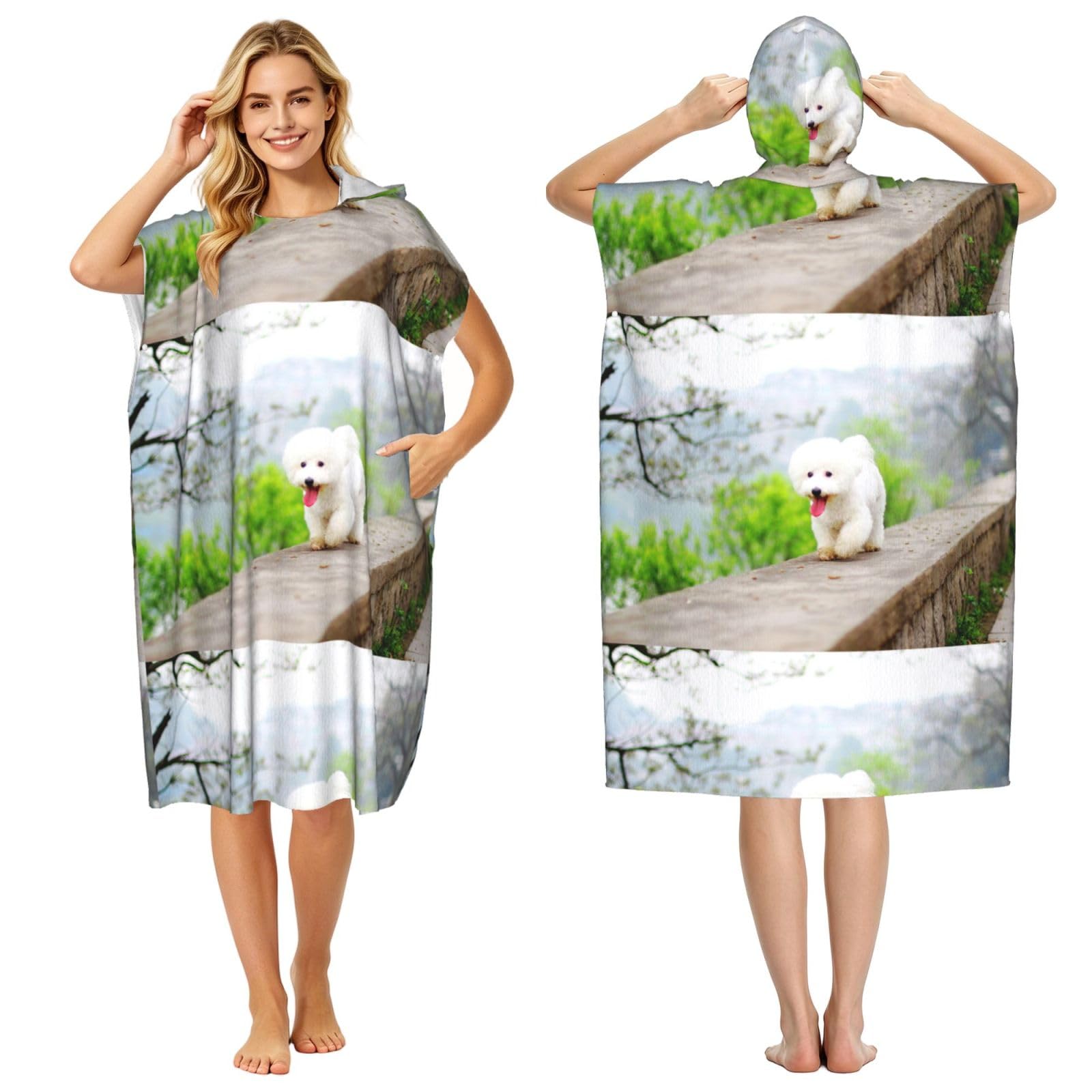 Poadnly Bichon Frise Park Pets Dogs Bichon Frise Dogs, Adult Hooded Beach Towel 90 x 110 cm,Changing Bath Robe, Surf Poncho Towel For Women Men