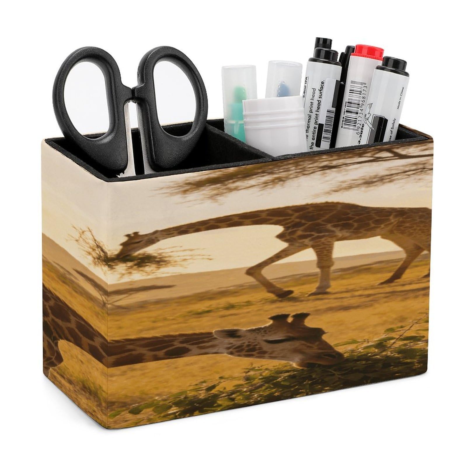 LZQPOEAS African Giraffes Pen Holder Double Compartments Pen Cup Makeup Brush Holders Leather Pencil Holder Locker Organizer for Work Locker Accessories Modern Pencil Cup for Desk