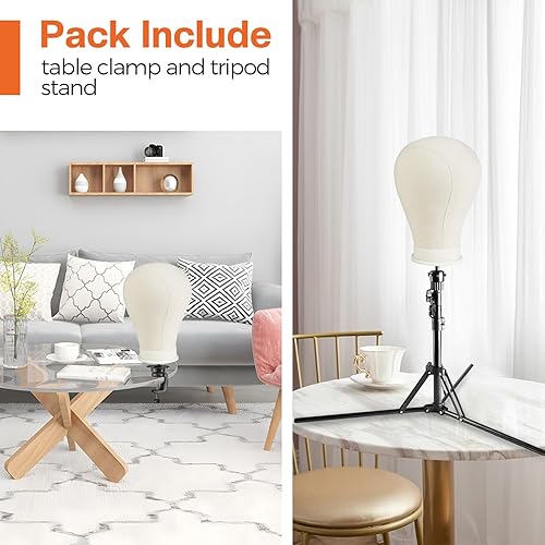 Miniatura 7 de AIMEI Cabeza de peluca de 23 pulgadas, trípode de 47 pulgadas con cabeza, soporte de peluca de lona con cabeza de maniquí para pelucas con gorras de