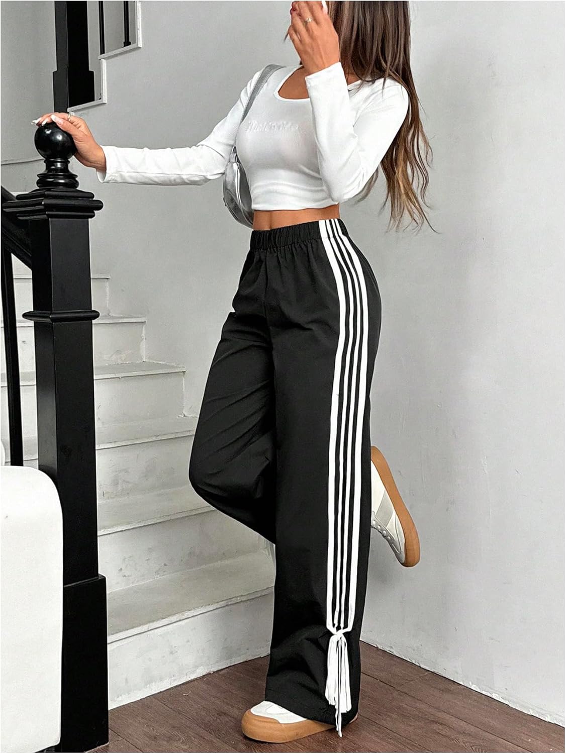 GORGLITTER Women's Side Striped Wide Leg Track Pants Dressy Casual Bowknot Streetwear Pant Y2k High Waisted Trousers - Image 5