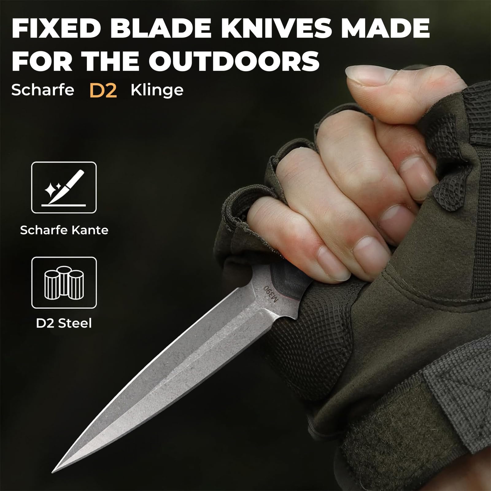8.5'' Full Tang Fixed Blade Knife With Sheath, D2 Stainless Steel Blade Ergonomic G10 Handle, Outdoor Hunting Knives EDC Tools (black)