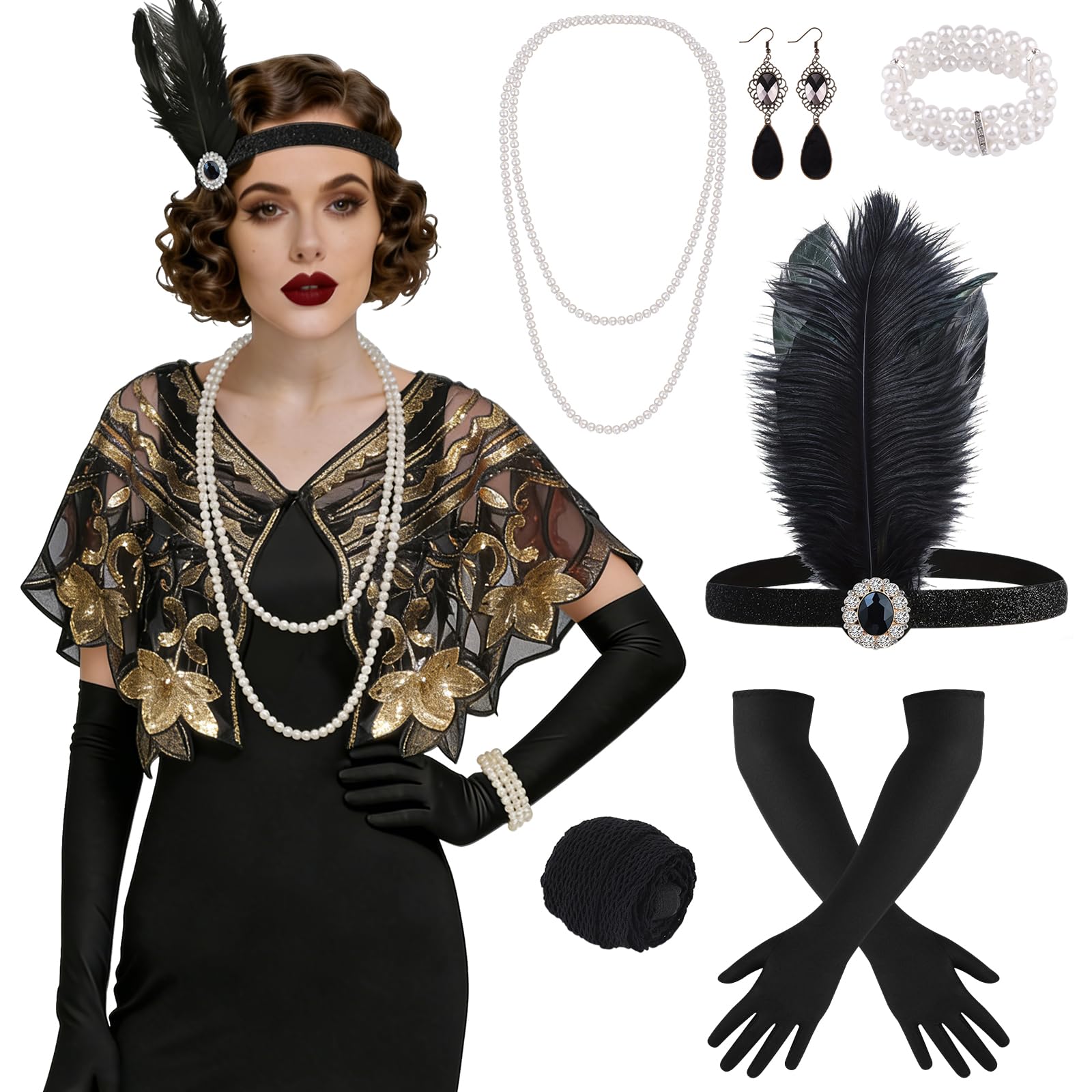 ELECLAND 10 Pieces 1920s Flapper Great Gatsby Accessories Set Fashion Roaring 20's Theme Set with Headband Headpiece Long Black Gloves Necklace Earrings for Women (Black Gold (Style 5))