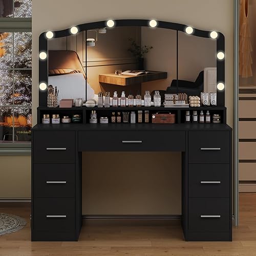 Miniatura 8 de usikey Escritorio grande de tocador de 47.2 pulgadas con espejo grande iluminado, 14 luces, mesa de tocador de maquillaje con 5 cajones grandes y