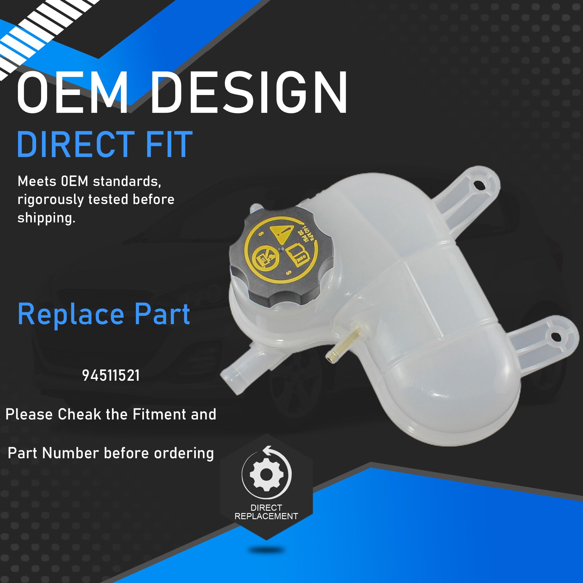 Direct Replacement Coolant Expansion Tank With Cap For 2016-2022 Chevy Spark 1.4L - Plastic, OE Fit, 1 Year Warranty