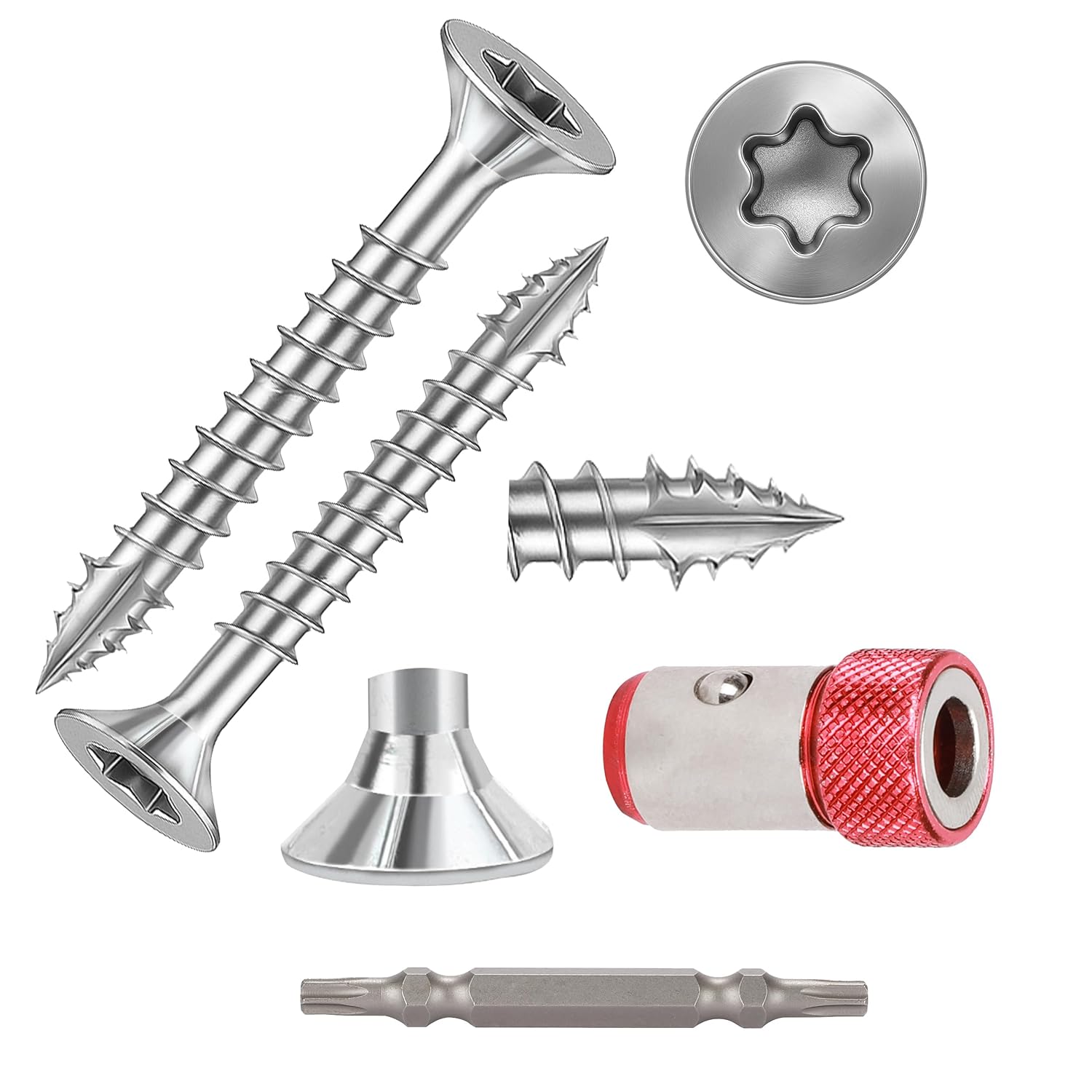 Wood Screws Torx Star Drive #4 × 1-1/4 inch Deck Screws T10 Flat Head Countersunk Self Tapping Thread Cut 780pcs M3 × 30 Galvanized Carbon Steel with Magnetic Ring (780PCS/Big Box)