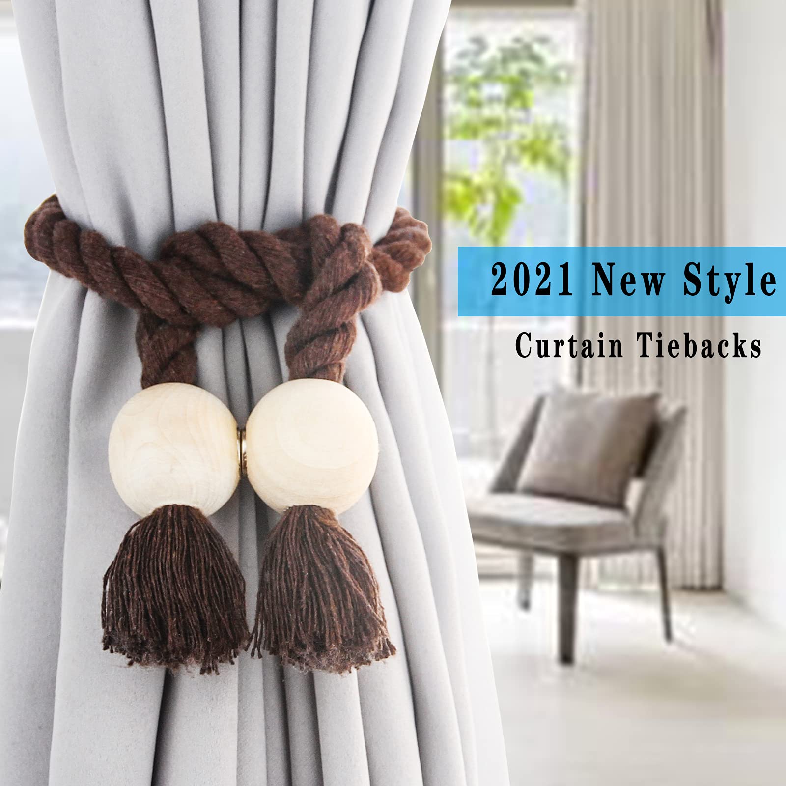 Confezione da 6 fermatende magnetici per tende in cotone intrecciato a mano, fermatenda decorativi per tende con fibbia in legno resistente, non sono necessari attrezzi