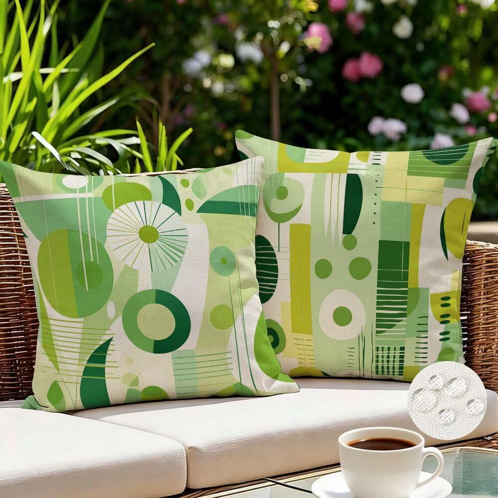 Outdoor Cushions Waterproof Green Cushion Covers 40cm x 40cm Set of 2 Bohemian Garden Cushions Abstract Cushion Cover Decorative Pillows Linen Throw Pillow Case for Couch Sofa Patio Garden (IU241)
