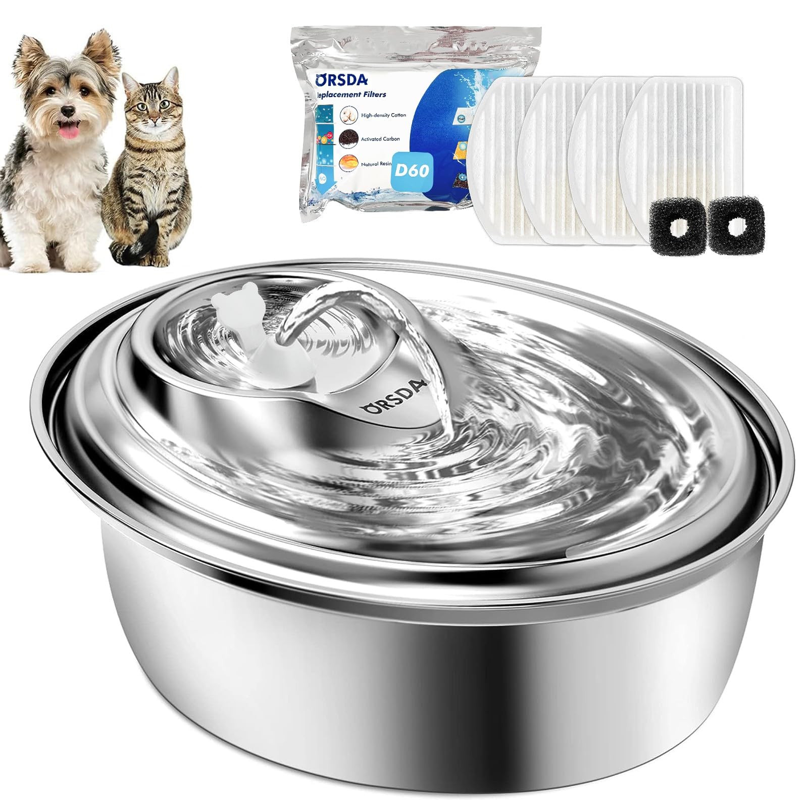 ORSDA Cat Water Fountain Stainless Steel, 3L Automatic Pet Drinking Fountain for Cats Inside, Dog Water Dispenser with Adjustable Water Flow and 6 Replacement Filters for Cats, Dogs