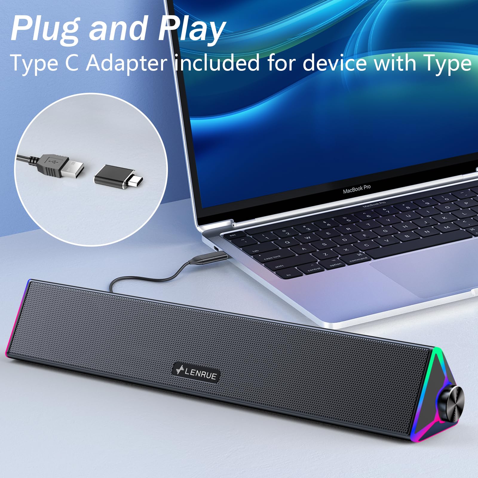 LENRUE PC Speakers,Computer Speakers with Single USB for Power and Stereo Sound,PC Soundbar with Touch Lights,Gaming Speaker for Desktop,Laptop (USB-C Adapter Included) — view 5