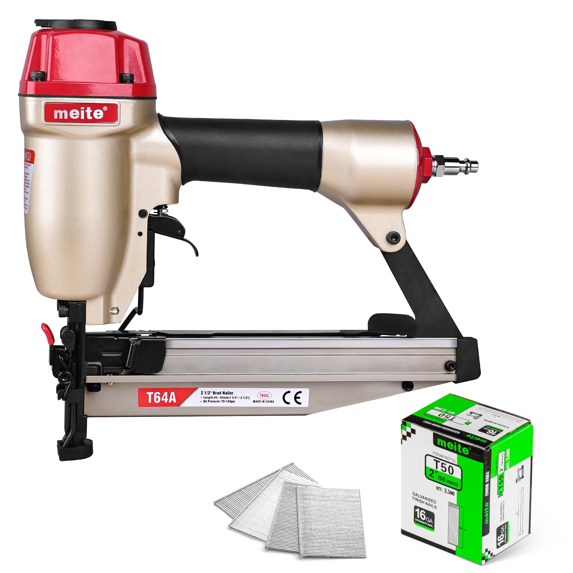 meite T64A Nagelpistole 16GA mit 2500 Stk. 50 mm Stauchkopfnägeln, für 32–64 mm Nägel, mit Tiefeneinstellung, Schnellverschluss-Nase, Sicherheitsnase, 100er Magazin