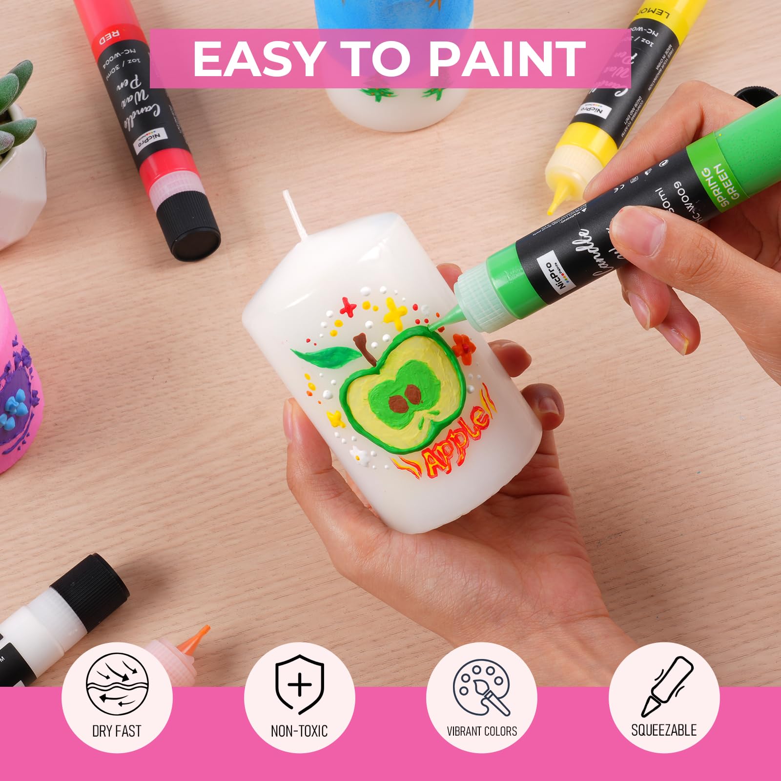 Nicpro Candle Wax Pen, 12 Colors 3D Candle Paint Include Glitter Silver Gold, Non-Toxic Candle Making & Painting Kit, Vibrant Colors Wax Paint for Crafts DIY Birthday Holidays Wedding Party 1-oz(30ml)