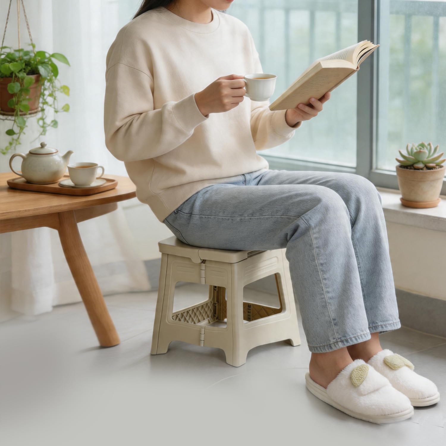 【GRYVOXAL】折りたたみ椅子 コンパクト収納 踏み台 ステップ シャワー室 キッチン トイレ アウトドア持ち出し キャンプ 軽い 軽量 スツール 耐荷重100KG お子様サイズ対応 クリーム色 Ｓサイズ