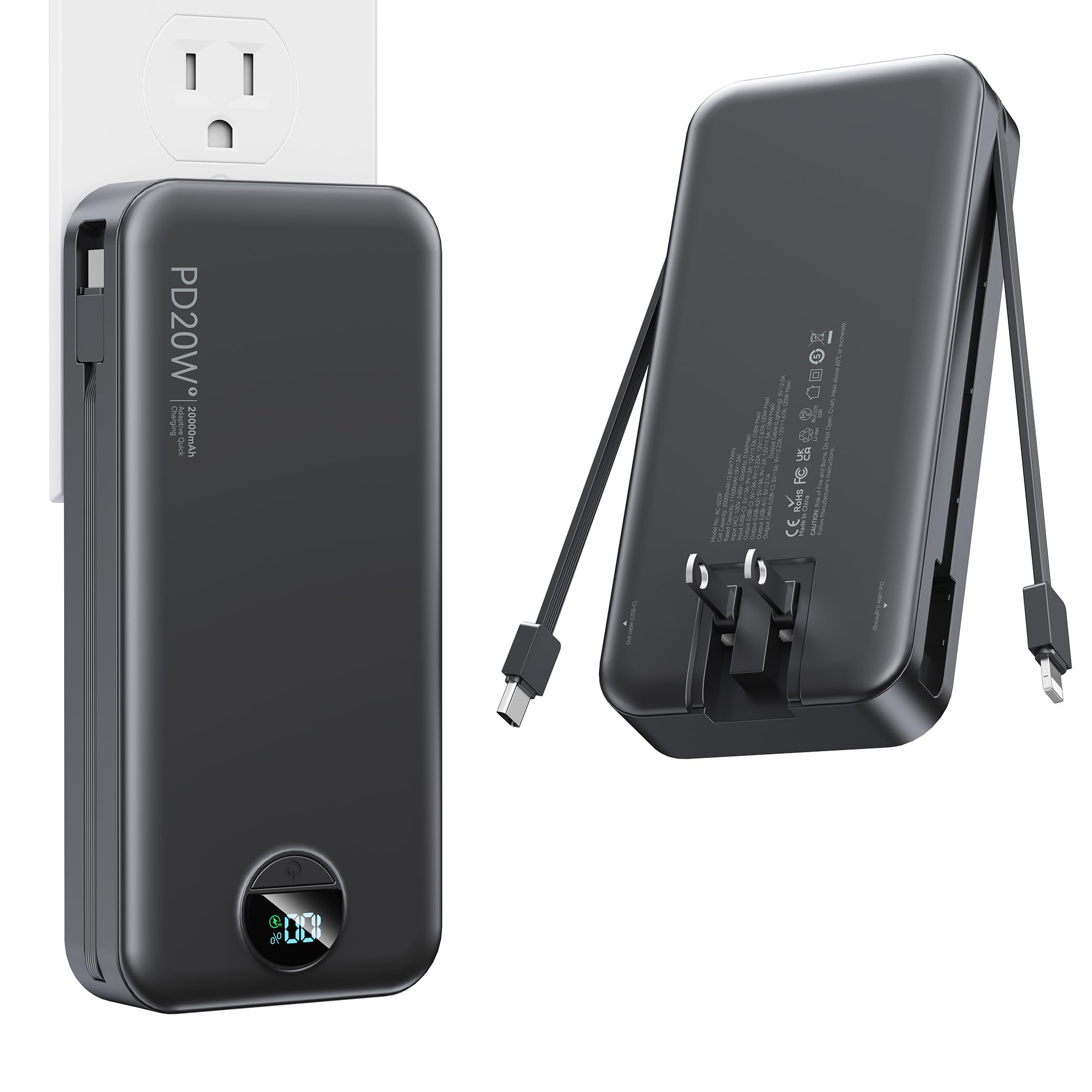 Nusyddy Caricabatterie portatile con cavo integrato e spina a muro AC, USB C Power Bank 20000 mAh 22,5 W, ricarica super veloce, caricabatterie portatile leggero per telefono, batteria da viaggio per