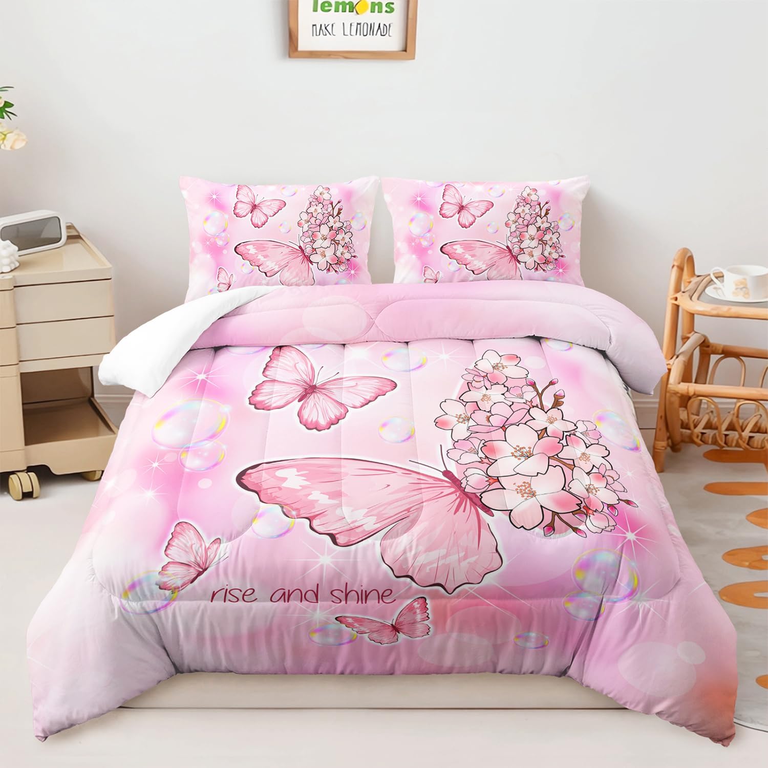 AILONEN Butterfly Girls Comforter Set, Full Size, Pink Tie Dye Bedding Set for Kids & Women, Flower Butterfly Quilt Set, Soft Comforter with 2 Pillowcases Butterfly148 Full