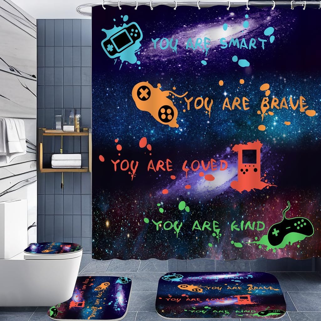 ALEXEX 4 PCS Star Outer Space Kids Shower Curtain Sets,Boys Gaming Bathroom Set with Shower Curtain and Rugs and Accessories,Inspirational Quotes Shower Curtain Bathroom Decor with 12 Hooks,72 X 72 In