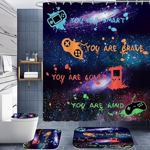 ALEXEX Juego de 4 cortinas de ducha para niños con diseño de estrellas, espacio exterior, juego de baño con cortina de ducha y alfombras y