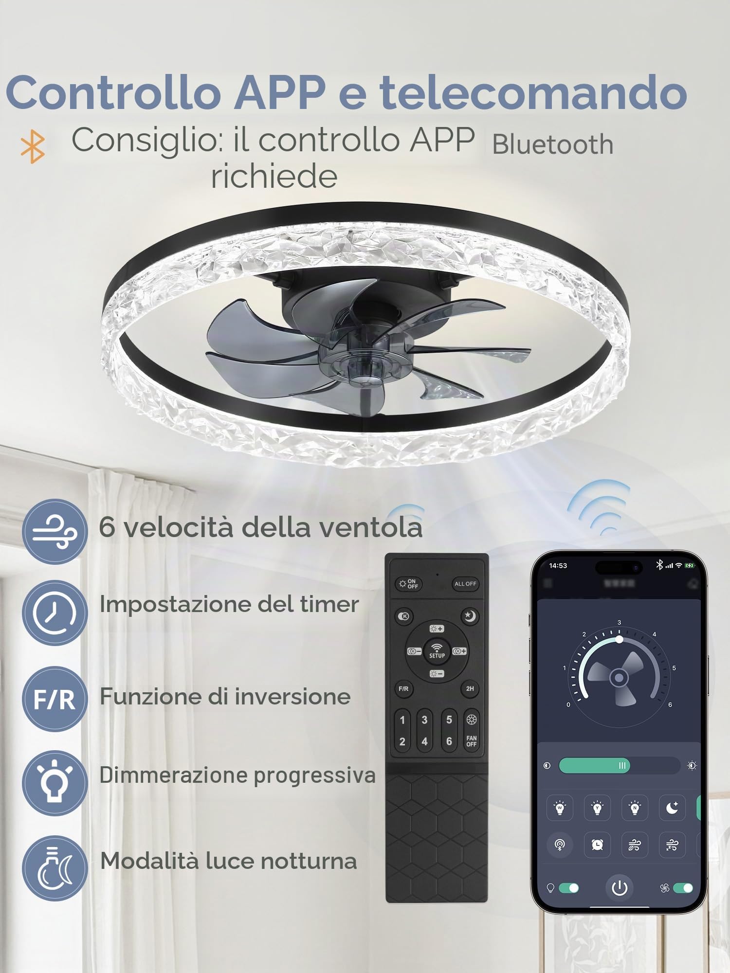 ZMISHIBO Ventilatore da soffitto con luce, Ø 50,8 cm, LED 3000K-6500K dimmerabile 10%-100%, Lampada Ventilatore da Soffitto, 6 velocità, silenzioso, timer, app e telecomando, moderno, nero