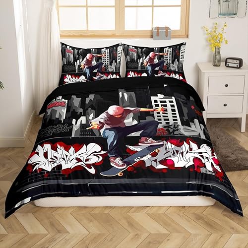 Miniatura 3 de Juego de ropa de cama de decoración de hip hop, para adolescentes, monopatín, cultura callejera, juego de funda de edredón para niños, adolescentes,