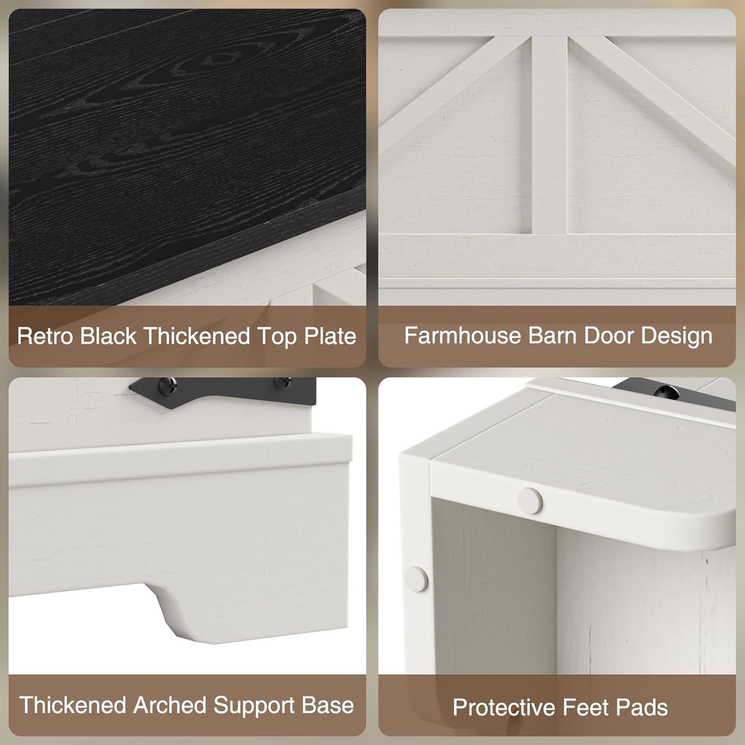 Detailed close-ups of the coffee table's design elements: retro black thickened top plate, farmhouse barn door design, thickened arched support base, and protective feet pads.