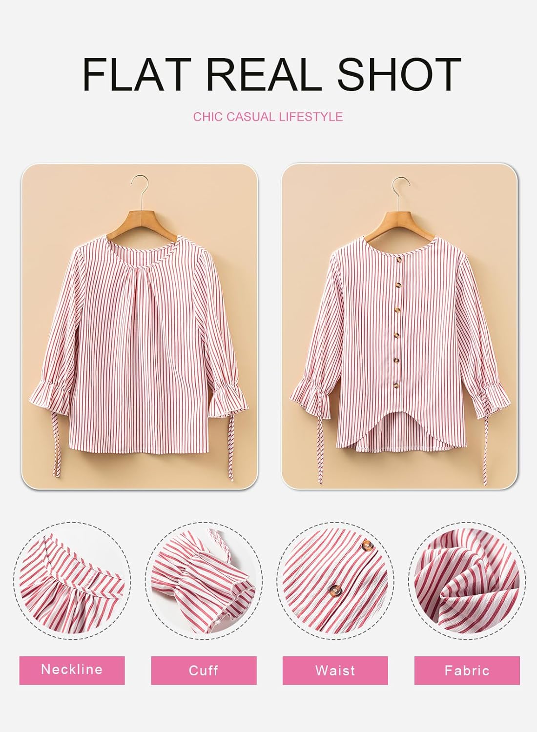 SHEWIN Womens Blouses Summer Striped Crewneck 3/4 Tie Sleeve Tops with Button Decoration On Back - Image 5