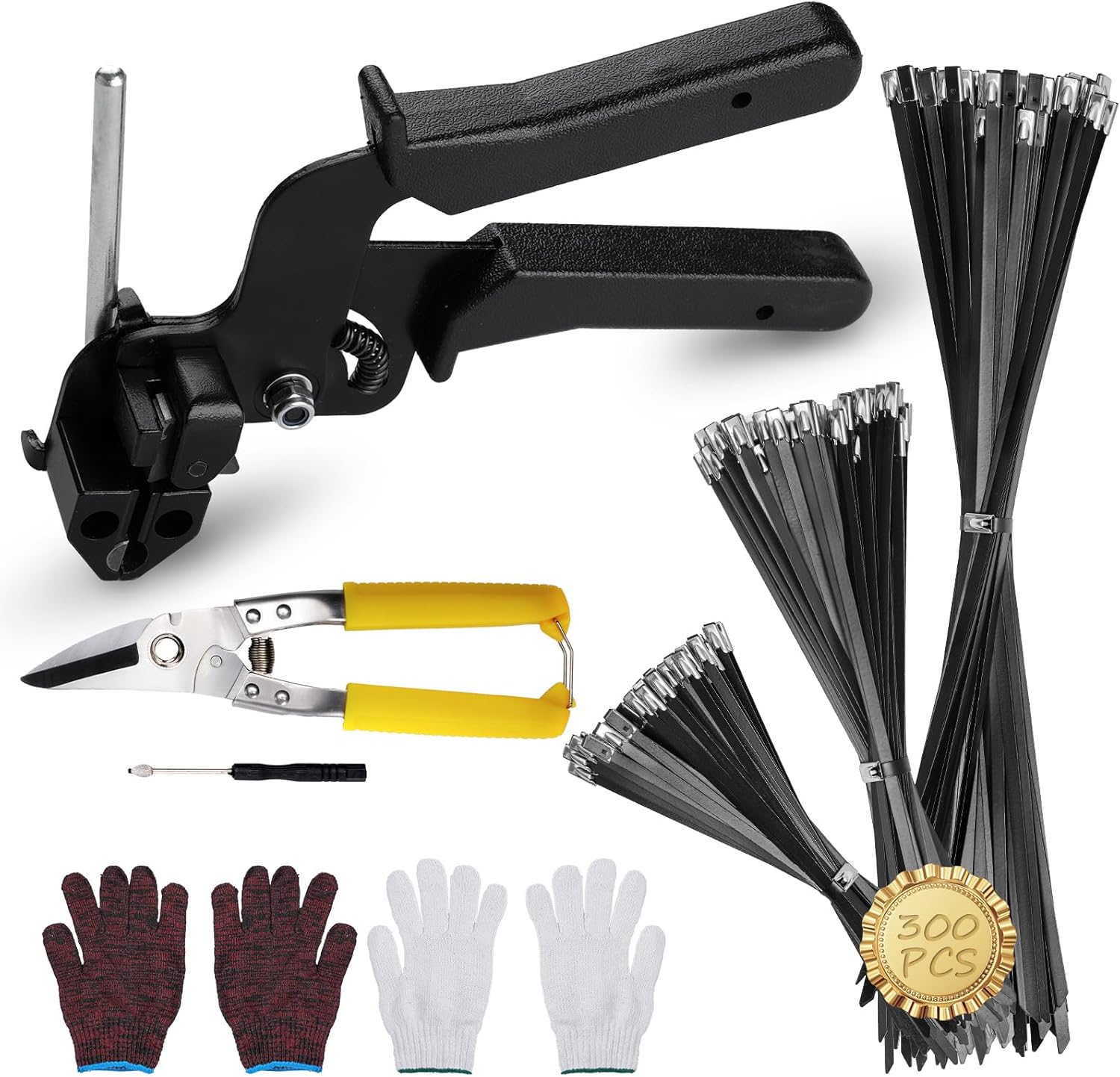 Metal Zip Ties, Stainless Steel Cable Tie Gun Set with 300pcs Metal Zip Tie Heavy Duty Outdoor Adjustable Fastening Cutting Tie Tool Sets for Chain Link Fence, Exhaust Pipe, Farms, Poultry Fence