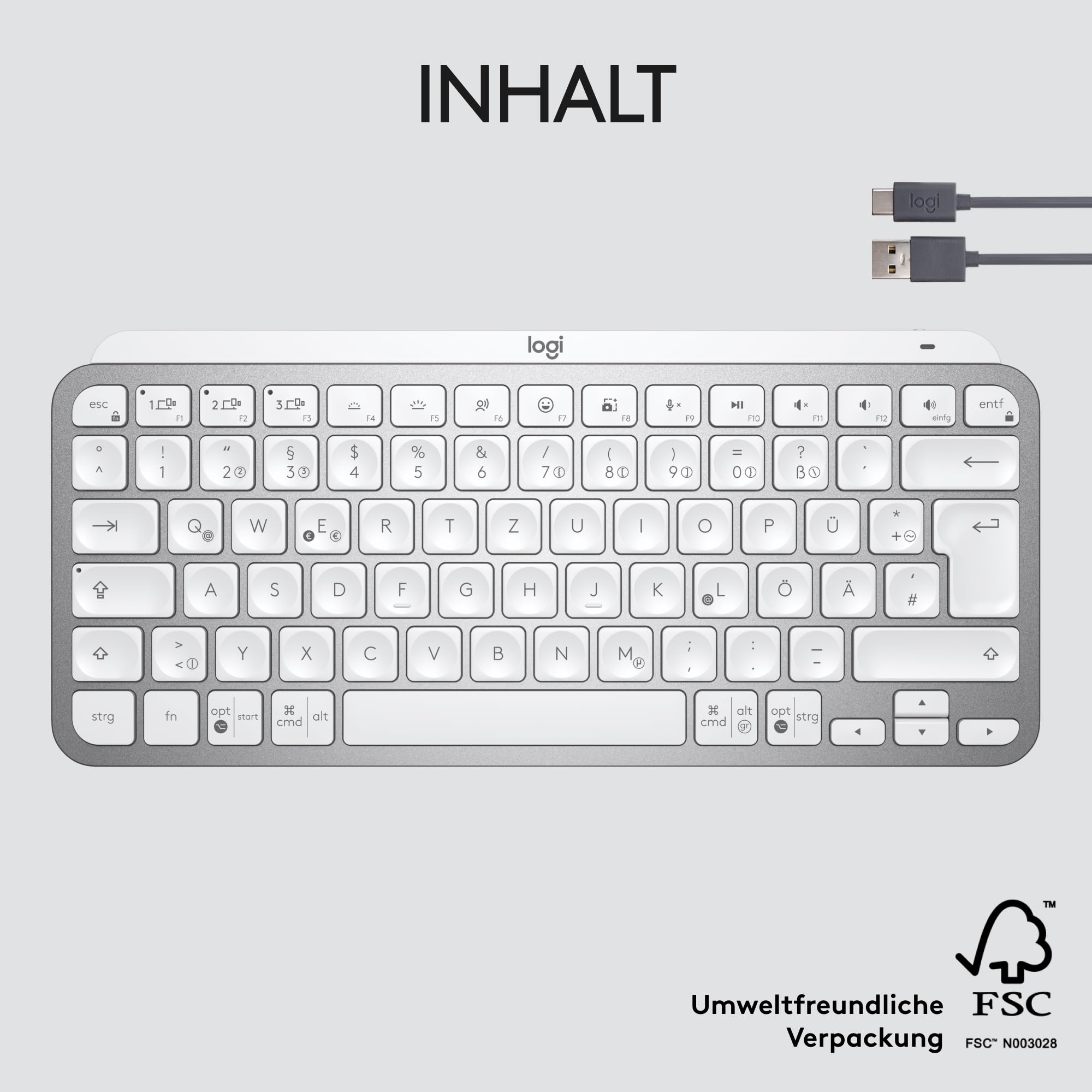Logitech MX Keys Mini Kabellose Tastatur, Kompakt, Bluetooth, Hintergrundbeleuchtung, USB-C, Kompatibel mit Apple macOS, iOS, Windows, Linux, Android, Metallgehäuse - Hellgrau
