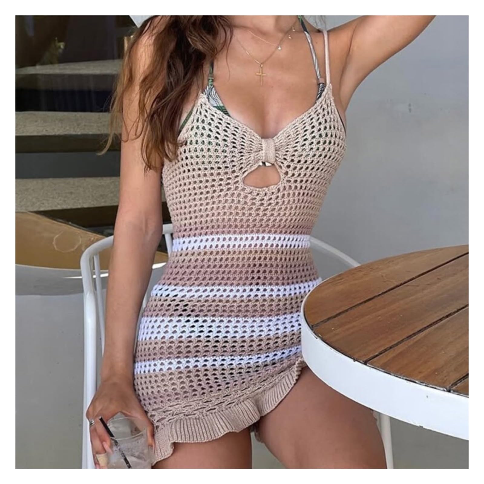 Vestido de Playa de Ganchillo Túnica de Punto Ganchillo con Cuello en V ahuecada, Pareo Playero sin Mangas, Mini Vestido Playa, Ropa for Mujer