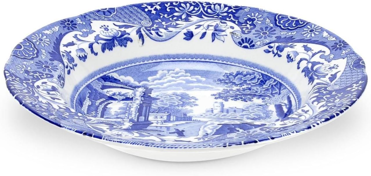 Spode Blue Italian 9" Soup Plate - Oriental Style Blue & White Earthenware Bowl Plate, Italian Countryside Motif Tableware for Serving Soup, Pasta, Salads - Dishwasher & Microwave Safe