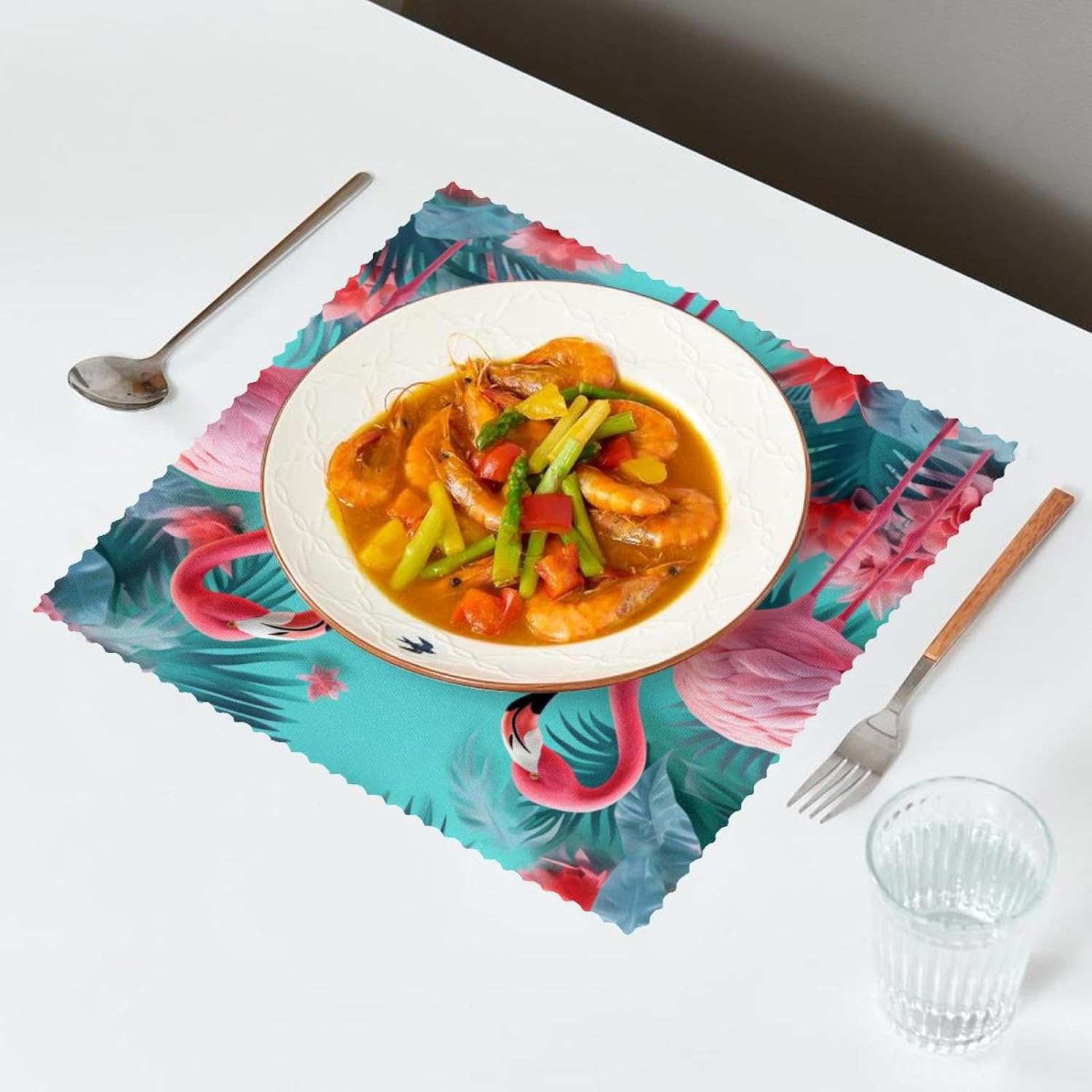 Placemats Set of 4,Washable Place Mats for Dining Table,Tropical Leaves Background Flamingo