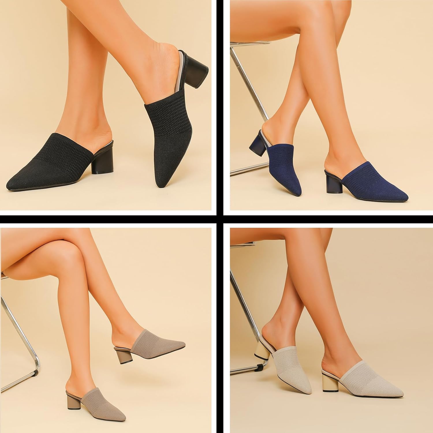 Women’s Knit Mesh Chunky Heel Mules Closed Pointed Toe Backless Slip On Mid Block Heel Dress Slide Sandals Summer Breathable Daily Party Pumps - Image 2