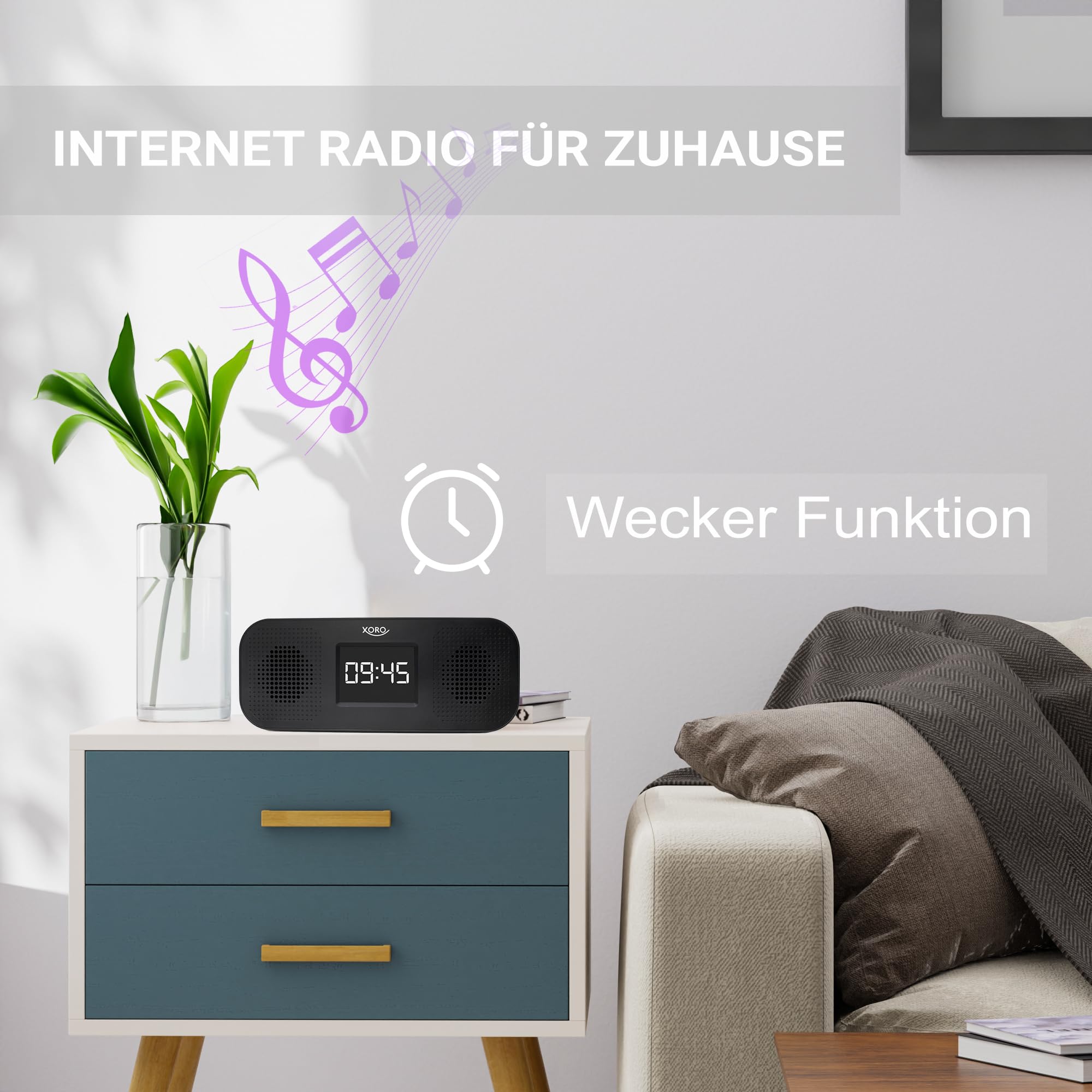 Cyfrowe radio internetowe Wi-Fi XORO HMT 425 Basic z kolorowym wyświetlaczem o przekątnej 2,8", podcastem, odtwarzaczem multimedialnym USB, symulacją stacji FM/DAB+, budzik