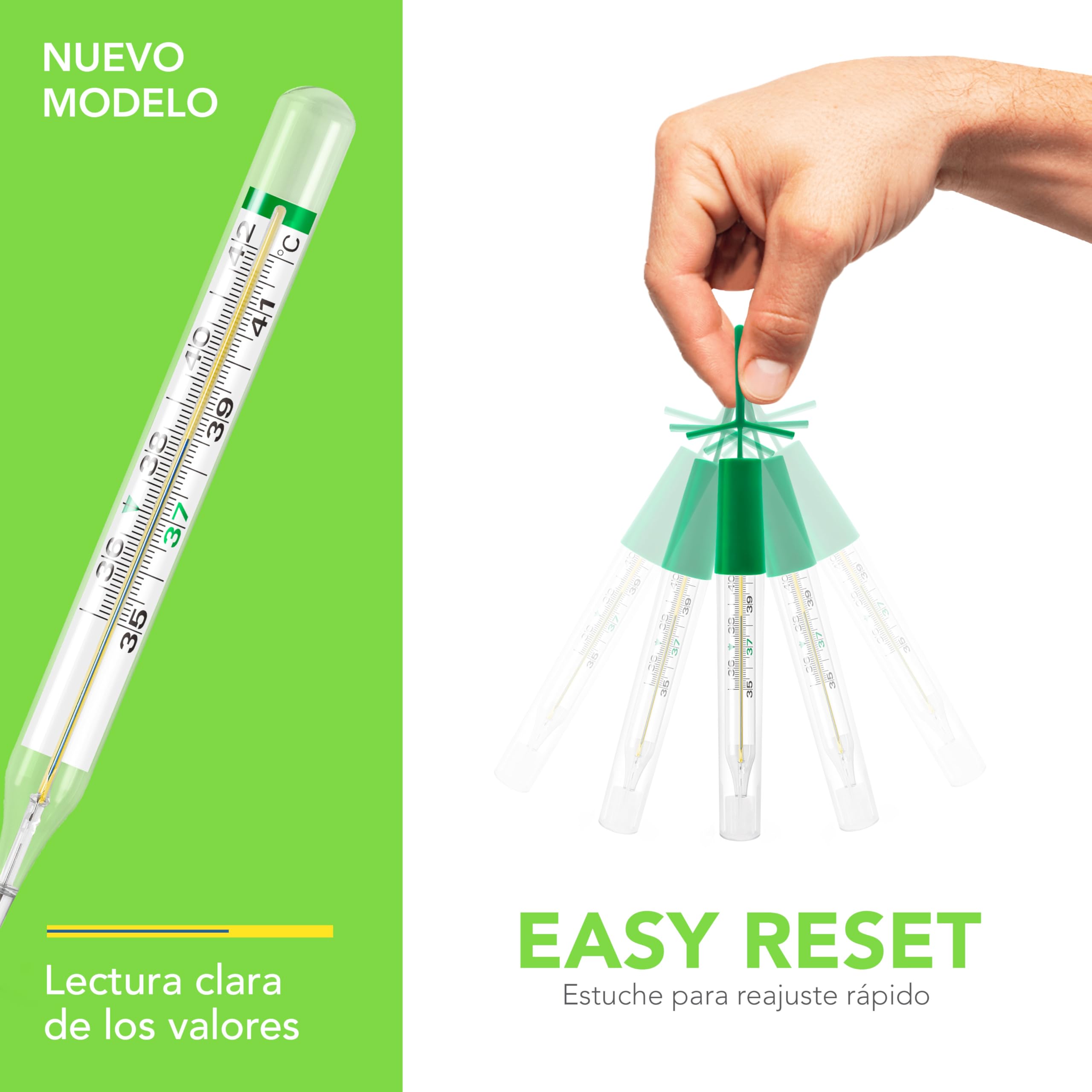 AIESI® Termómetro Clínico clásico de vidrio para fiebre de galio sin mercurio para adultos y niños ECOTHERM, Estuche para reajuste rápido, Ecológico, Garantía 24 meses