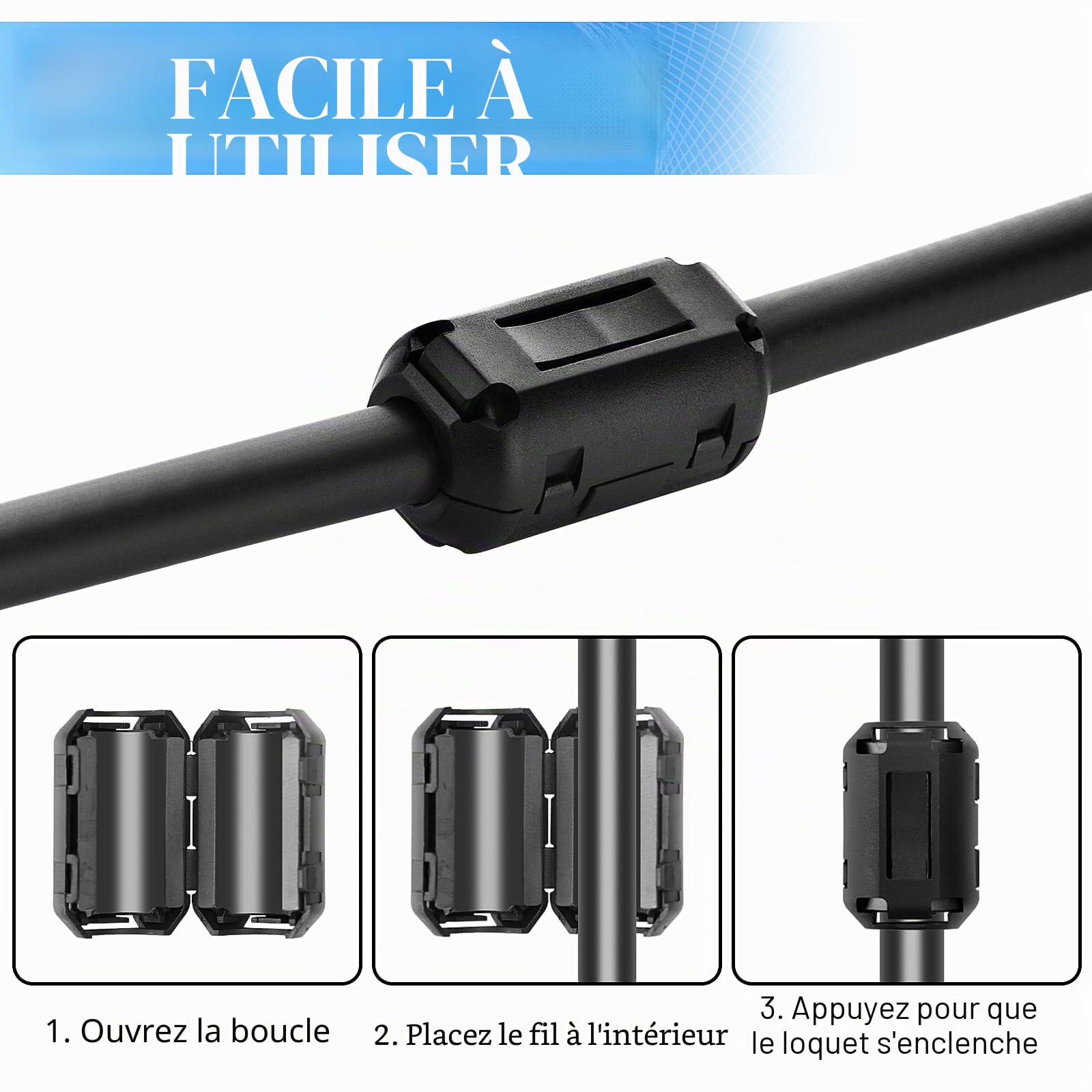 Dreamtop 20 Pcs Ferrite Antiparasite, 5 Valeurs Ferrite 3,5 mm 5 mm 7 mm 9 mm 13 mm, Noir Clip-on Ferrite Ring Core Antiparasite Noyau RFI EMI, Ferrite Cable Ferrite Anneau