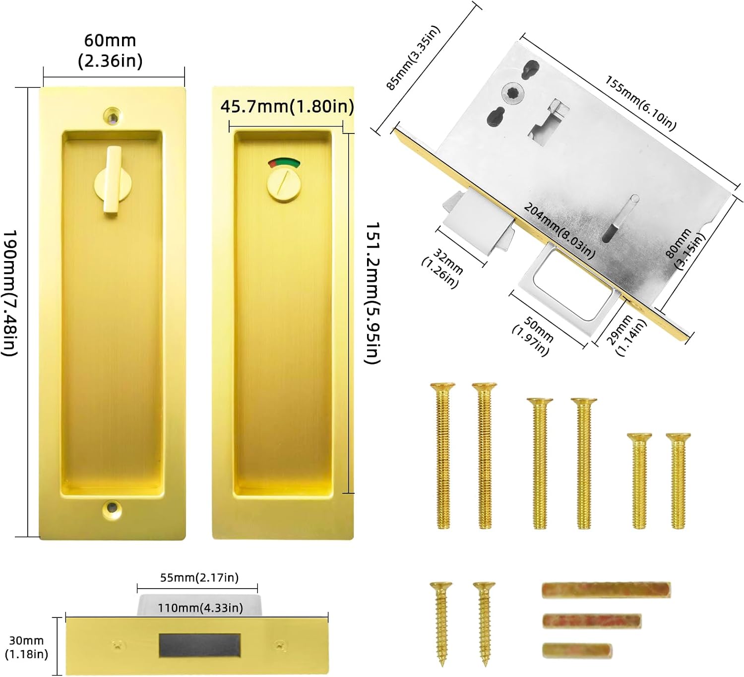 Pocket Door Lock,Modern Rectangular Pocket Door Hardware, Finger Flush Pulls with Edge Pull for Pocket Doors, Sliding Doors,Folding Doors etc (Gold, Indicator Privacy Lock) image 2