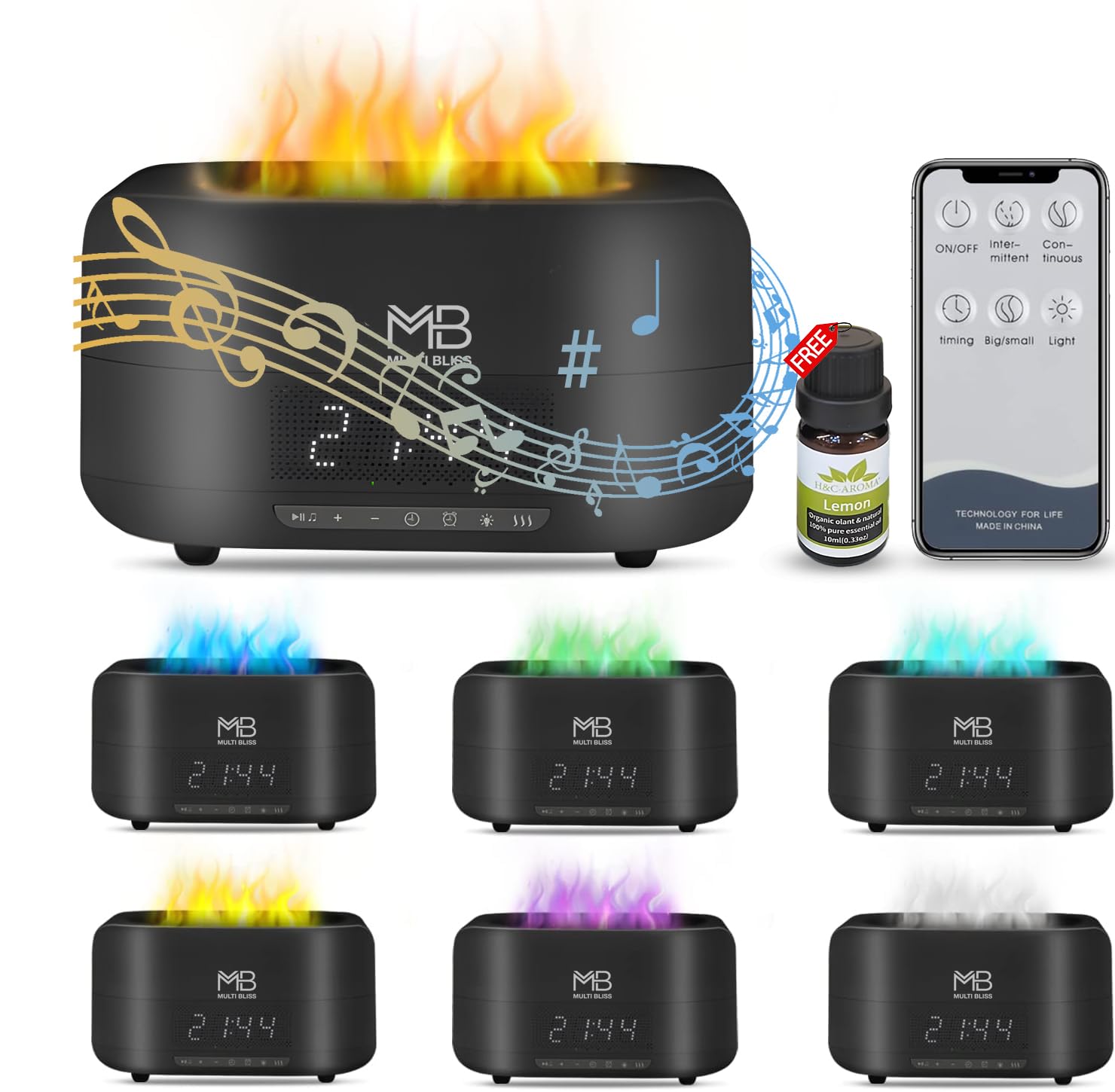 Flame Humidifier Essential Oil Diffuser with Remote Control, 4 in 1 Ultrasonic Aromatherapy Vaporizer, Aroma Purifier, Clock, Speaker, Auto-Off, 7 Colors (FREE fragrance Oil Gift) - Black
