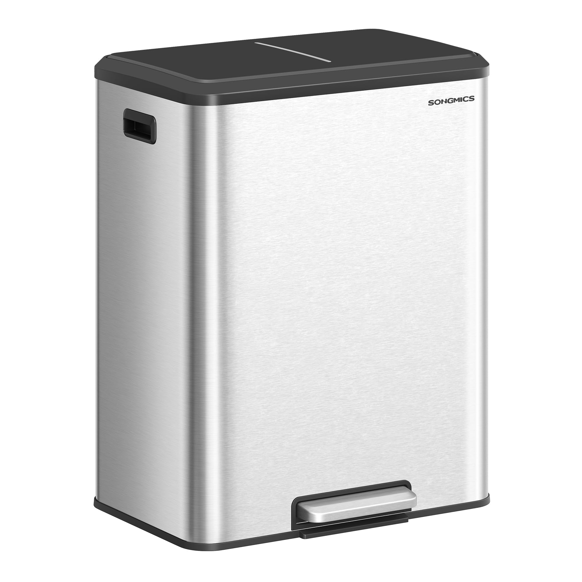 SONGMICS Mülleimer Küche, Mülltrennsystem 2 x 30 L, 2 Fächer für Recycling und Restmüll, Abfalleimer, Inneneimer, Edelstahl, Softclose-Deckel, breites robustes Pedal, metallicsilber LTB556E01