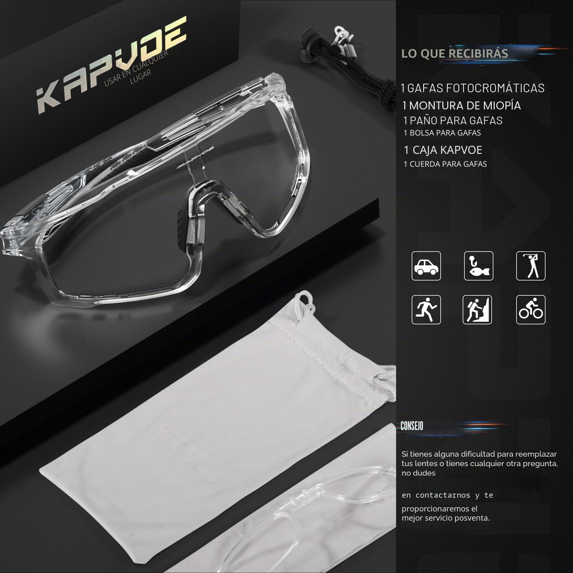 KAPVOE Gafas Ciclismo Fotocromáticas Lente y Montura UV400 Color Negro K76 | Lente & montura fotocromáticas, lente transparente a negro CAT.0-CAT.2, UV400, almohadilla regulable
