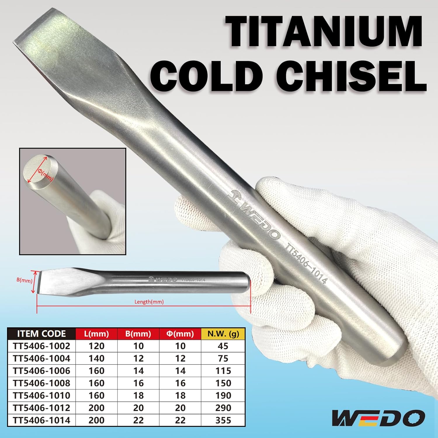 WEDO Cold Chisel,Titanium Flat Chisel,Blade 10mm,Wood Chisel,Length 120mm,Lightweight, Non-magnetic,Corrosion Resistant,One-time Die-forged,Apply in Aerospace,Marine,Petrochemical