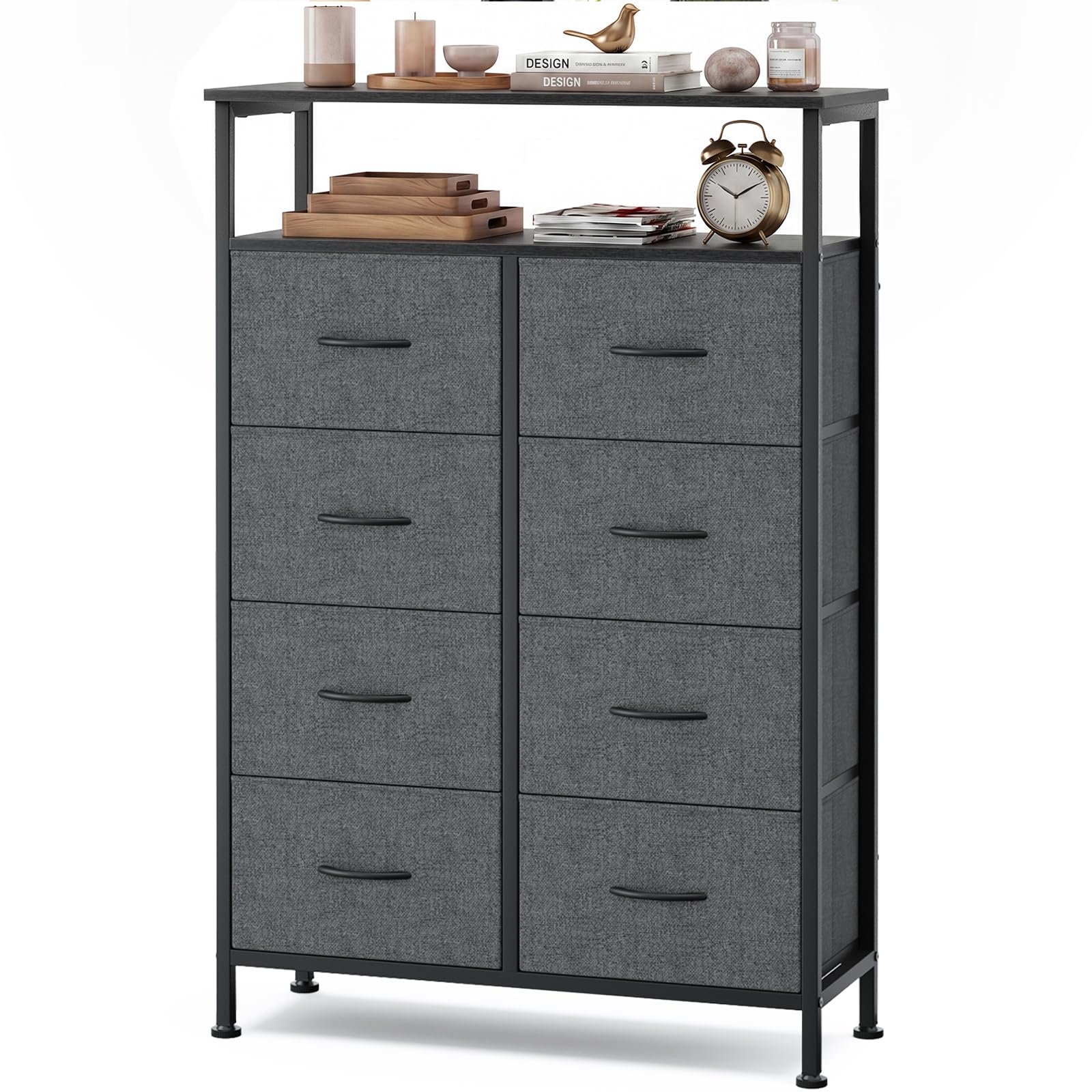 OLIXIS 8 Drawers Fabric Dresser, Raised Shelf Tall Chest of Drawers, Grey