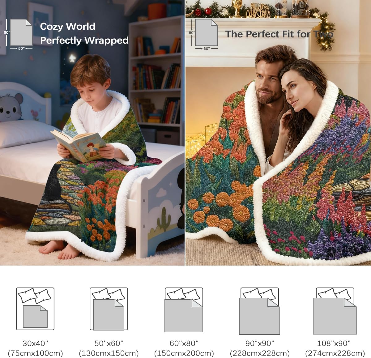 Sleepwish Black Cat Throw Blanket: Fields and Gardens Cats Pattern Blanket for Cat Lovers - Retro Landscape Warm Sherpa Blankets for Sofa Couch Bed, King 90"x108"